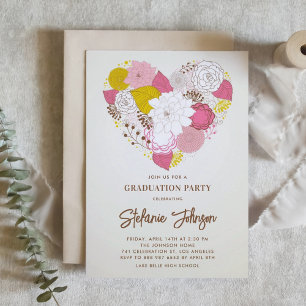 Vintage Pink and Yellow Floral Heart Graduation Invitation