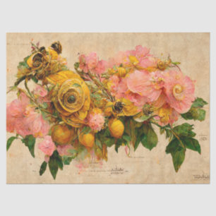 Vintage Pink and Yellow Roses Ephemera Decoupage Tissue Paper