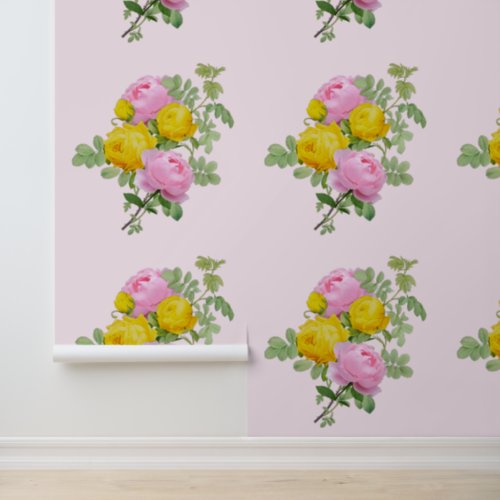 Vintage Pink and Yellow Roses Floral  Wallpaper