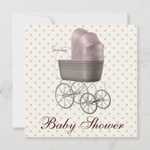 Vintage Pink Baby Carriage Baby Girl Shower Invitation