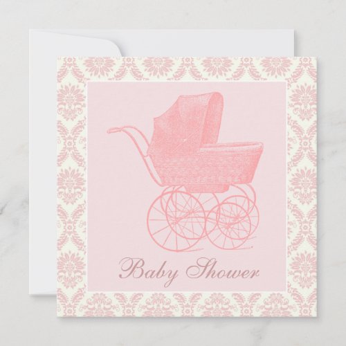 Vintage Pink Baby Carriage Baby Girl Shower Invitation