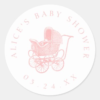 Vintage Pink Baby Carriage Baby Shower Classic Round Sticker by SnipClipGig at Zazzle