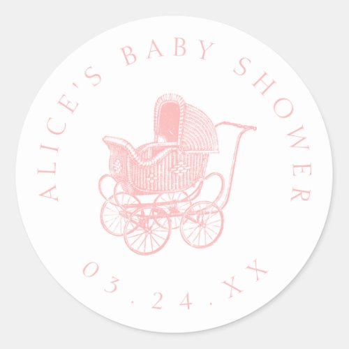 Vintage Pink Baby Carriage Baby Shower Classic Round Sticker
