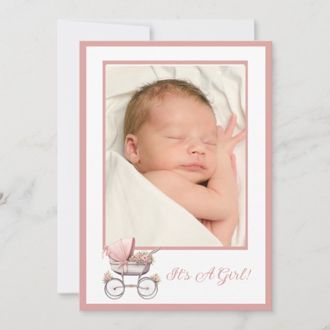 Vintage Pink Baby Carriage Birth Announcement (Front)