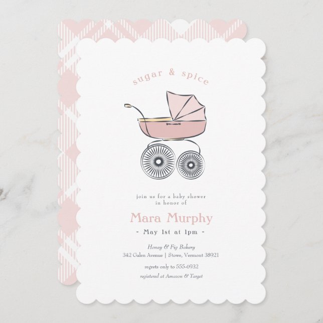 Vintage Pink Baby Carriage Girl Baby Shower Invitation (Front/Back)
