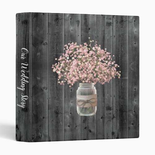 Vintage Pink Babys Breath Floral Jar Rustic Wood 3 Ring Binder