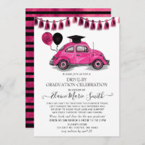 Vintage Pink Beetle Balloons Drive By Graduation Invitation