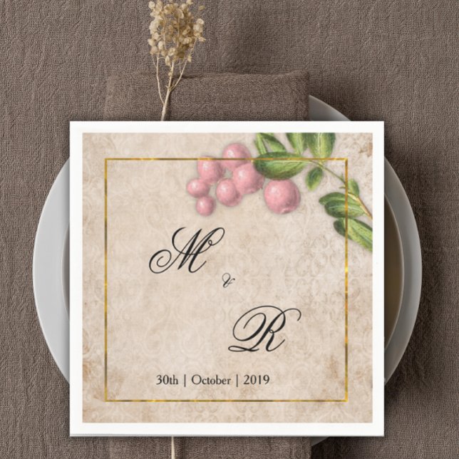 Vintage Pink Berries Wedding Monogrammed Napkins (Creator Uploaded)