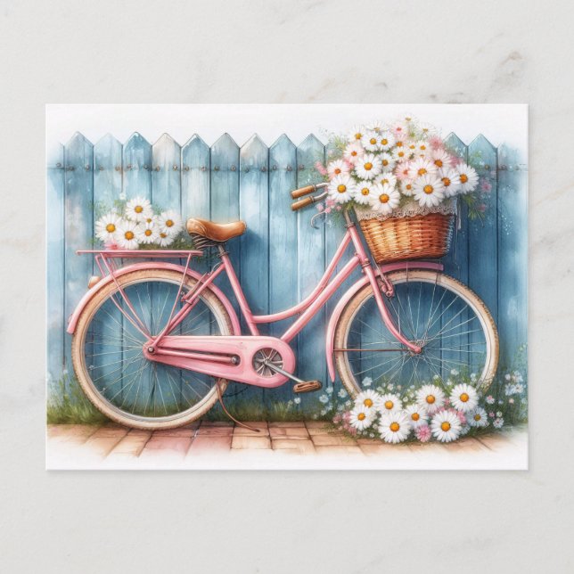Vintage Pink Bicycle with Daisies Postcard (Front)