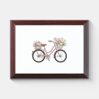 Vintage Pink Bicycle with Floral Baskets Sticker Award Plaque