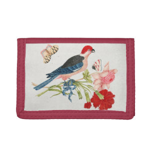 Vintage Pink Bird Butterfly Floral Art Print Tri-fold Wallet