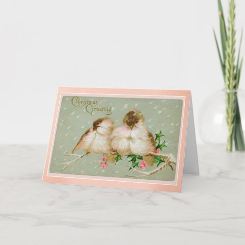 Vintage Pink Birds on a Holly Branch Christmas Card