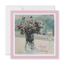 Vintage pink Birthday flowers fine art painting