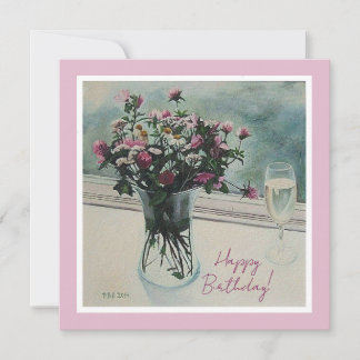 Vintage pink Birthday flowers fine art painting Holiday Card