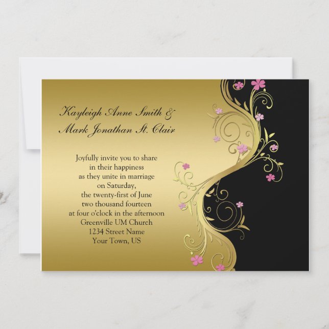 Vintage Pink Black and Gold Wedding Invitation (Front)