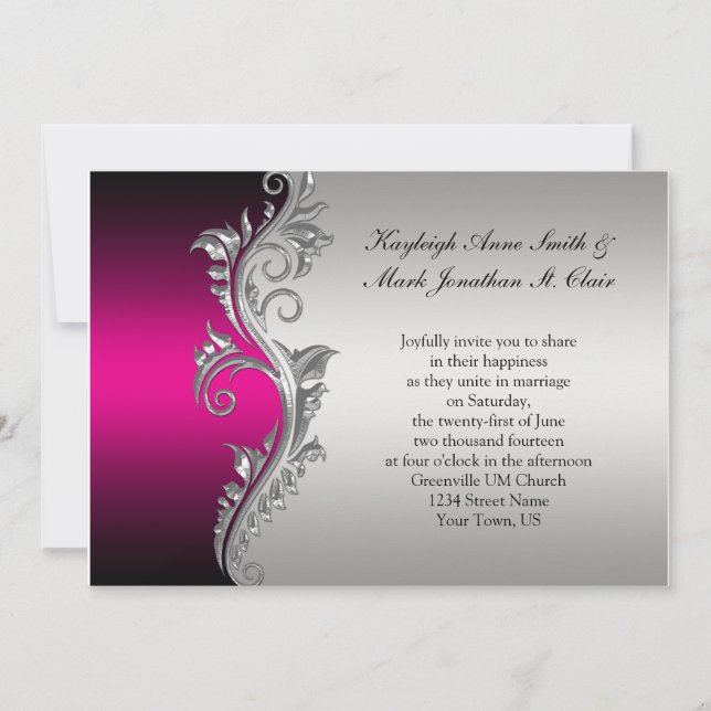 Vintage Pink Black and Silver Wedding Invitation (Front)