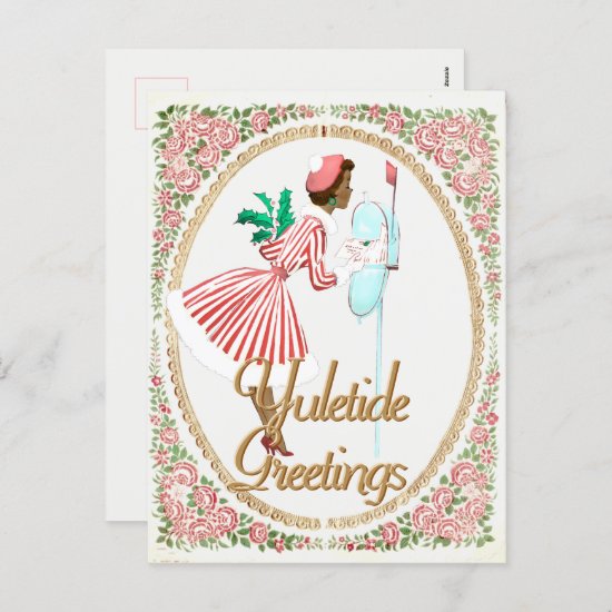 Vintage Pink Black Christmas Woman at her Mailbox Holiday Postcard