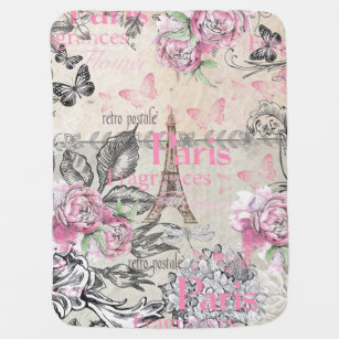 Vintage pink black floral Paris Eiffel Tower typo Receiving Blanket