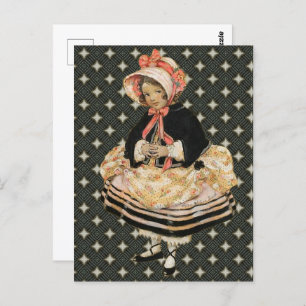 Vintage Pink Black Gold Girl Art   Postcard