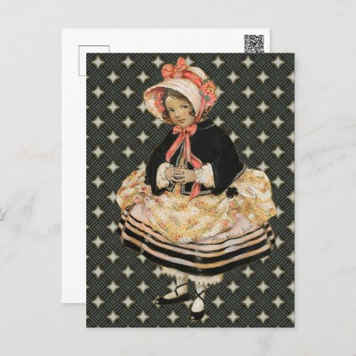Vintage Pink Black Gold Girl Art  Postcard