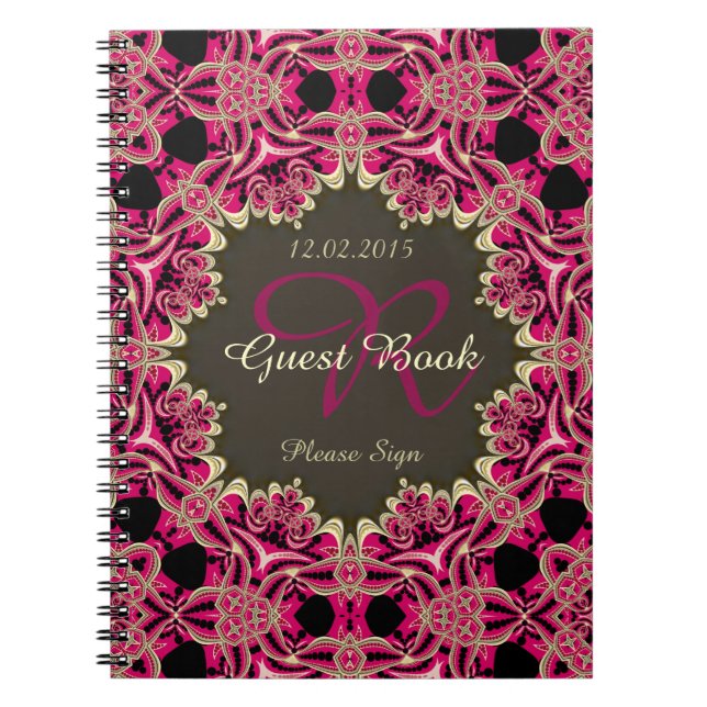 Vintage Pink Black Gold Lacy Monogram Guest Book (Front)