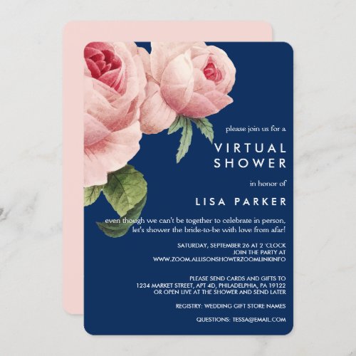 Vintage Pink Black Rose Blue Virtual Shower Invitation