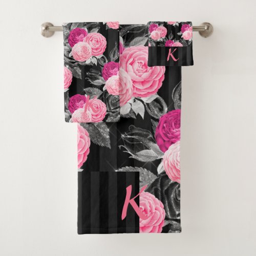 Vintage Pink Black Roses Floral Stripe Design Bath Towel Set