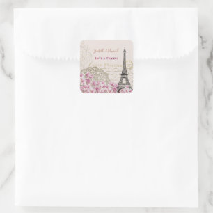 Vintage Pink Blossoms Paris Eiffel Tower Wedding Square Sticker