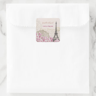 Vintage Pink Blossoms Paris Eiffel Tower Wedding  Square Sticker