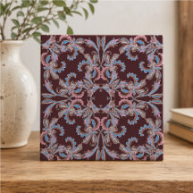 Vintage Pink & Blue Arabesque Tile on Deep Burgund