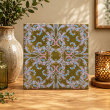 Vintage Pink & Blue Arabesque Tile on Olive Gold