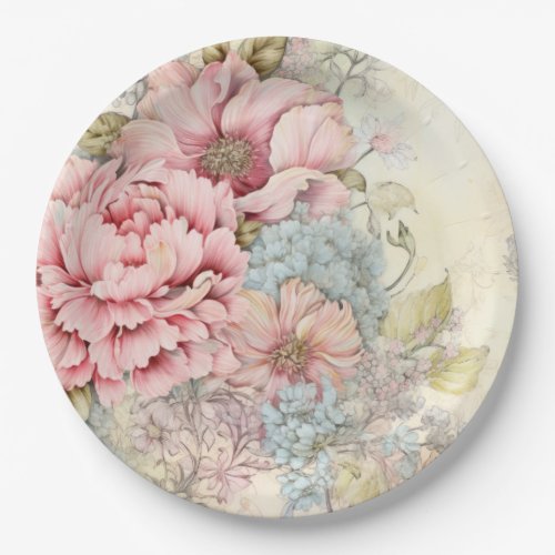 Vintage Pink Blue Flowers Paper Plate