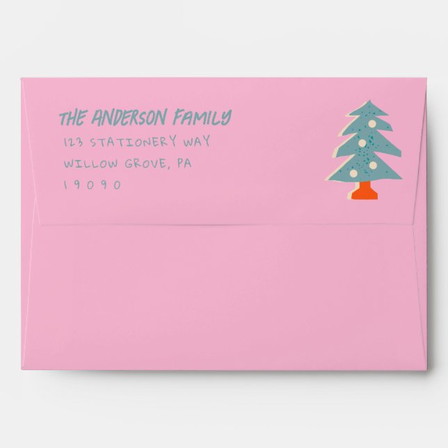 Vintage Pink Blue Hand Drawn Tree Christmas Envelope (Back (Top Flap))