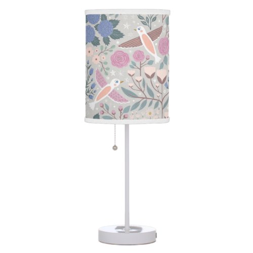 Vintage Pink Blue Pretty Birds Floral Pattern Table Lamp