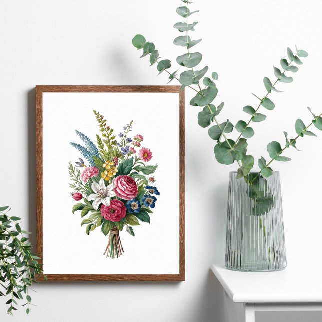Vintage Pink Blue Yellow White Wildflowers Bouquet Poster (Vintage Wildflowers poster print. Colors are Pink Blue Yellow and White. Printed or Digital Download)