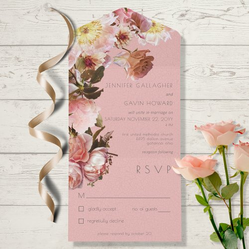 Vintage Pink Blush Roses No Dinner All In One Invitation