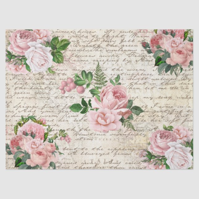 Vintage Pink Blush Roses Old Letter Decoupage Tissue Paper (Front)