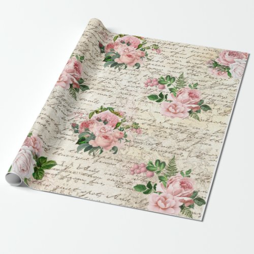 Vintage Pink Blush Roses Old Letter Decoupage  Wrapping Paper