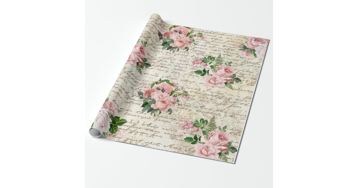Vintage Pink Blush Roses Old Letter Decoupage Wrapping Paper | Zazzle