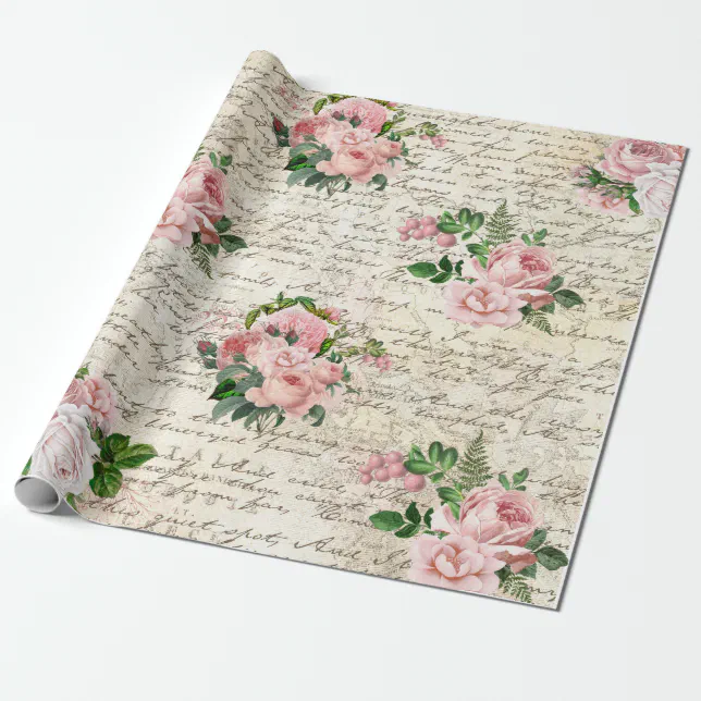 Vintage Pink Blush Roses Old Letter Decoupage Wrapping Paper | Zazzle