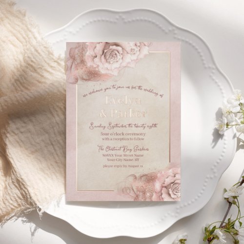 Vintage Pink  Blush Roses with Rose Gold Wedding Foil Invitation