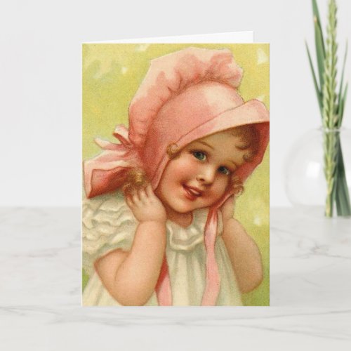 Vintage Pink Bonnet Girl Easter Holiday Card