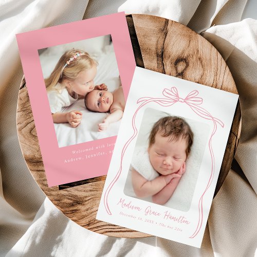 Vintage Pink Bow 2 Photo Birth Announcement