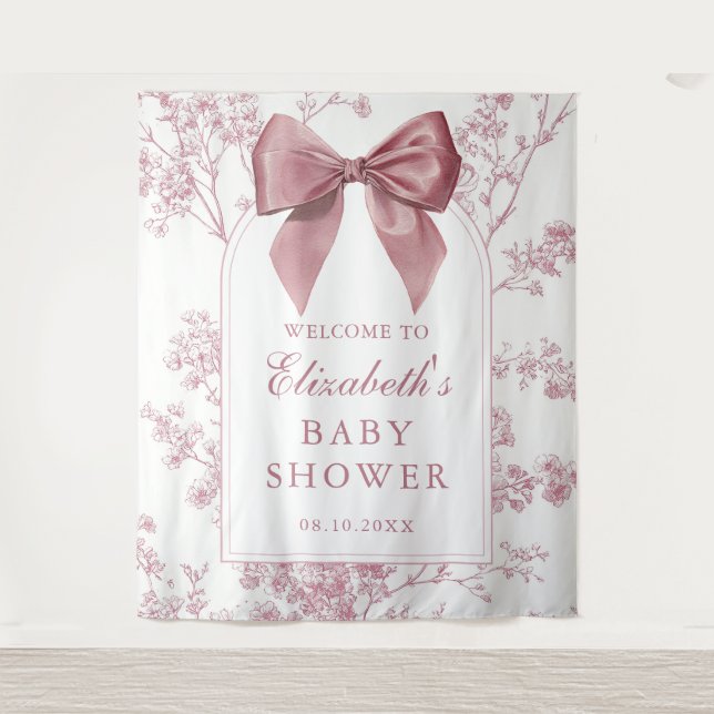 Vintage Pink Bow Baby Shower Photo Backdrop (Front)
