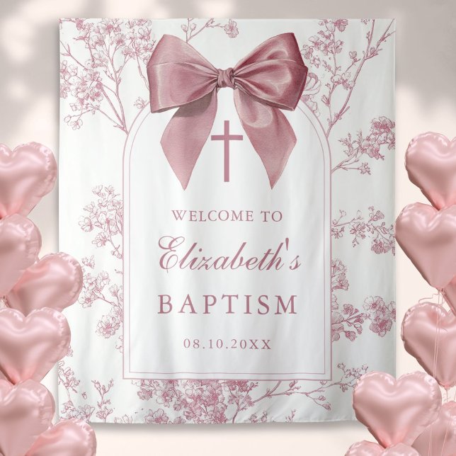 Vintage Pink Bow Baptism Photo Backdrop (Vintage Pink Bow Baptism Photo Backdrop)