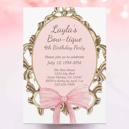 Vintage Pink Bow Boutique Princess Birthday Party Invitation