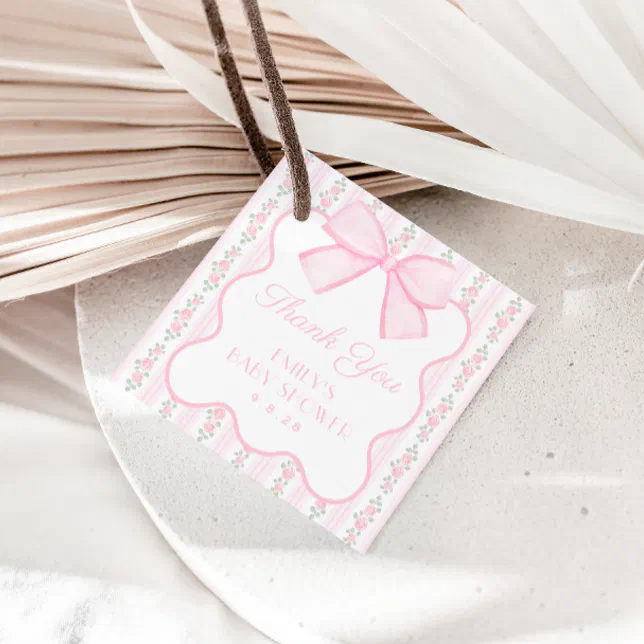 Vintage Pink Bow Floral Baby Shower Favor Tags | Zazzle