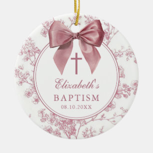 Vintage Pink Bow Floral Baptism Christening Ceramic Ornament