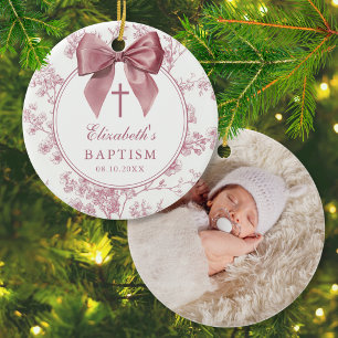 Vintage Pink Bow Floral Baptism Christening Ceramic Ornament