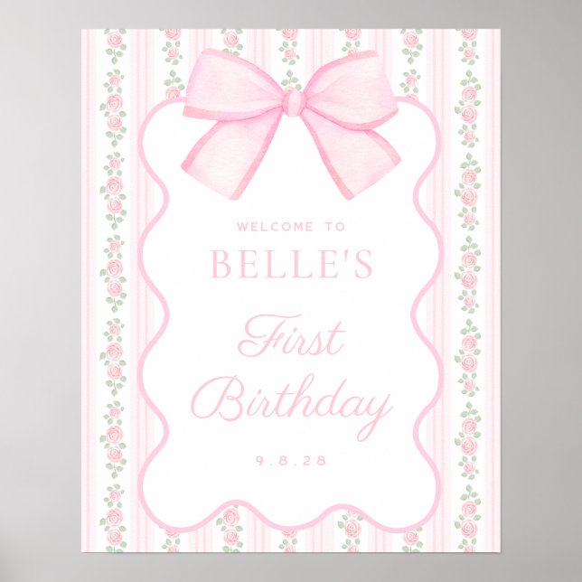 Vintage Pink Bow Floral Birthday Welcome Sign